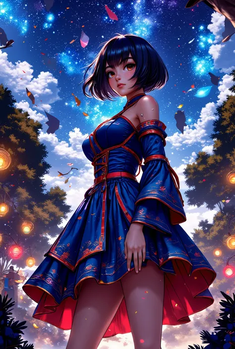 ((Back drop, Romantic festival, American Park, no Japanese buildings, Night time, no buildings)) "Yumi is a petite young Japanese woman with short black hair and dark brown eyes visiting America. She has a fair complexion and a petite frame that supports l...