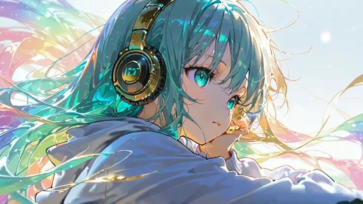  1 girl,  clear, The side of the face ,  Aqua Eyes,  Gold,  long hair, Colorful inner bristles,  headphones,  hoodie