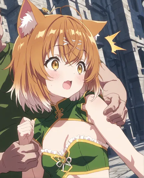 very awa, masterpiece, best quality, newest,  highres, aburdres、 fantasy world 、 There is only one 、 nap cat、 nap cat 　vtuber、Cat girl、 short hair、Reddish brown hair、Cute single tusk、 very small breasts、 thin body、 Read more、 Green costume、Riverside、 1 fat...