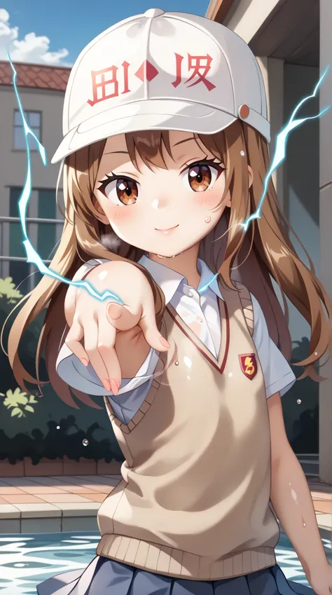 (UHD, retina, masterpiece, accurate, anatomically correct, super detail, high details,     highres, 1080P, 16k:1.3)、 (platelet:1.3)、 long hair, brown hair, brown eyes、white headwear、(very flat chest:1.5)、(shiny skin、oily body、a lot of sweat、very wet skin、b...