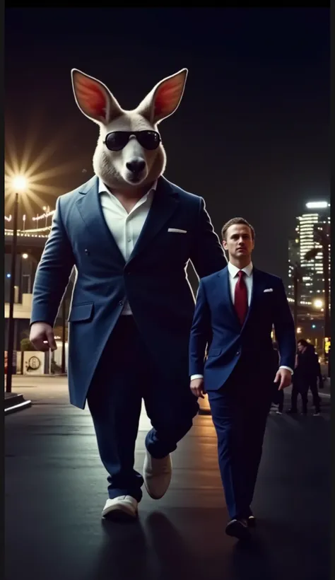 towering humanoid kangaroo in a tailored navy-blue suit, white shirt, and no tie confidently strides down an illuminated city street at night. The kangaroo wears stylish sunglasses and has a muscular build, exuding dominance. Beside it, a well-dressed man ...