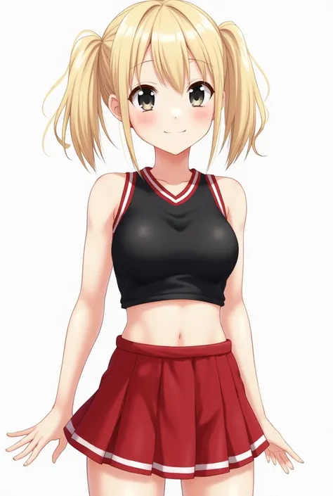 1 girl (appearance: Ash blond hair with medium pigtails,  dark eyes,  white skin,  slim and athletic build ) (Clothing: Black cheerleader top and red cheerleader skirt)  illustration, anime style 4k,  Precise,  super detailed ,  tall details ,  High resolu...