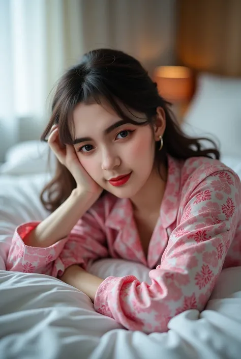 (( Masterpieces,  high quality,  high resolution,  CG data. Unified 8K background image.)), Beautiful Japanese girl,  beautiful Japanese girl ,  Lying on the bed , ( lying on white sheets , Wearing an oversized blouse and pink floral print pajamas :1.5), *...