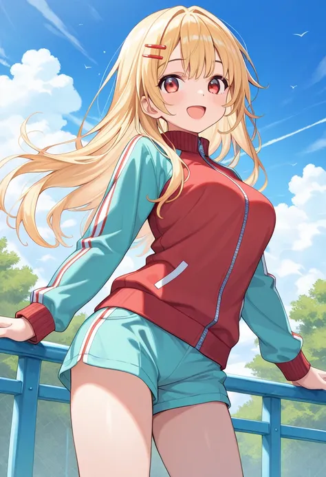 1girl, solo, long hair, hair ornament, jacket, hairclip, shorts, smile, looking at viewer, blonde hair, open mouth, sky, blue shorts, track jacket, outdoors, blue sky, zipper, long sleeves, day, :d, aqua shorts, breasts, cloud, red eyes, sensitive