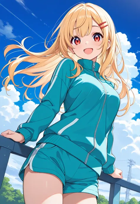 1girl, solo, long hair, hair ornament, jacket, hairclip, shorts, smile, looking at viewer, blonde hair, open mouth, sky, blue shorts, track jacket, outdoors, blue sky, zipper, long sleeves, day, :d, aqua shorts, breasts, cloud, red eyes, sensitive