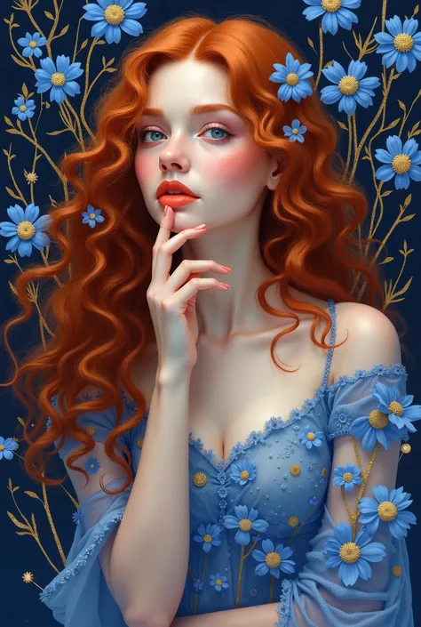 "A ethereal digital art portrait of a woman with flowing copper-red curly hair against a background of deep blue flowers. The subject has pale porcelain skin, bright blue eyes, and coral-orange lips. Her face is rendered in a realistic yet stylized manner ...