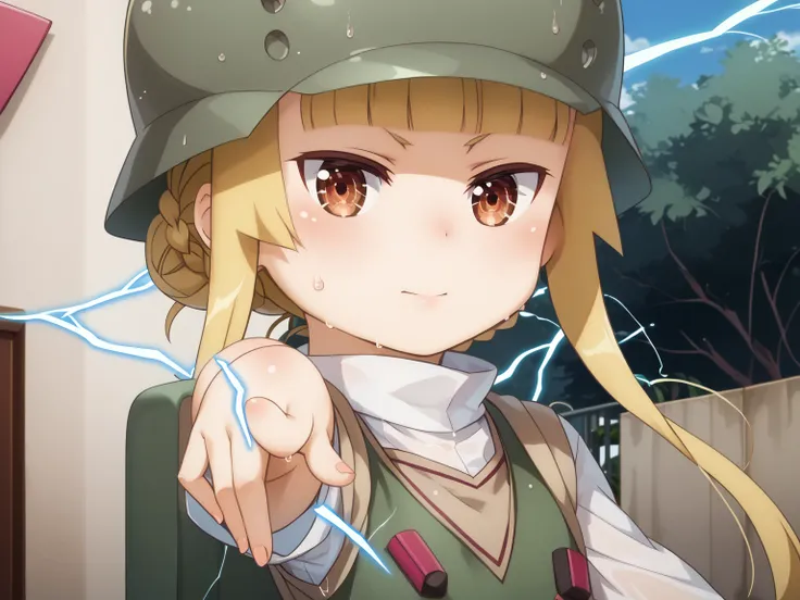 (UHD, retina, masterpiece, accurate, anatomically correct, super detail, high details,     highres, 1080P, 16k:1.3)、 (fukaziroh:1.3), blonde hair, brown eyes, braid, hair bun, single hair bun, helmet、(very flat chest:1.5)、(shiny skin、oily body、a lot of swe...