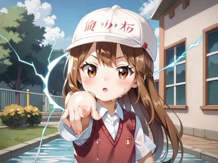 (UHD, retina, masterpiece, accurate, anatomically correct, super detail, high details,     highres, 1080P, 16k:1.3)、 (platelet:1.3)、 long hair, brown hair, brown eyes、white headwear、(very flat chest:1.5)、(shiny skin、oily body、a lot of sweat、very wet skin、b...