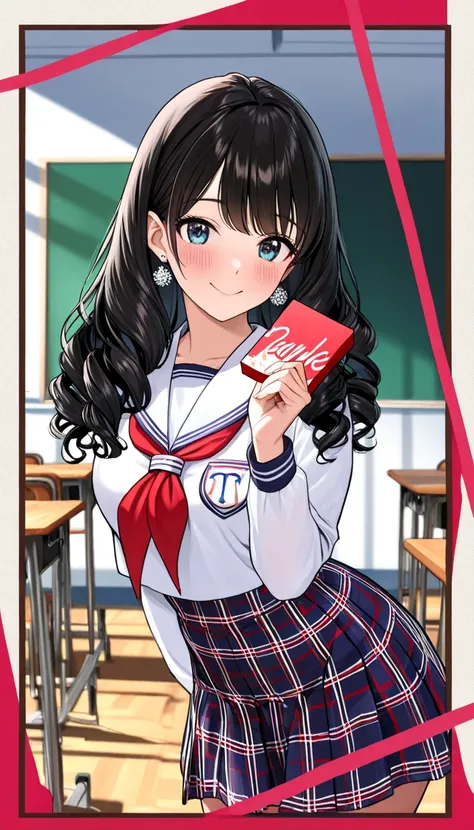 ( beautiful girl : 1.3), 1 girl,( sailor suit, Long Sleeve, check skirt, earrings), black hair, wave hair,smile,panic, is bashful,blush,Offer a packet containing chocolate, Valentine's Day ,evening,Empty classroom,masterpiece, top quality, ultra high resol...