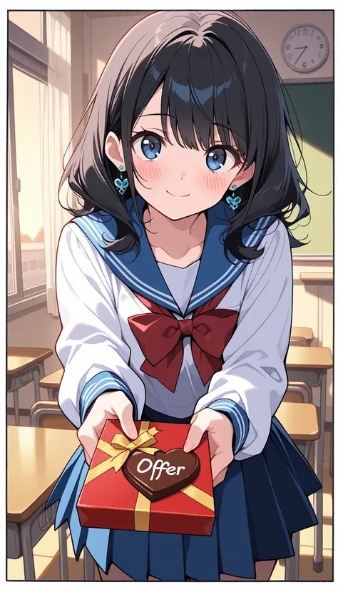 ( beautiful girl : 1.3), 1 girl,( sailor suit, Long Sleeve, check skirt, earrings), black hair, wave hair,smile,panic, is bashful,blush,Offer a packet containing chocolate, Valentine's Day ,evening,Empty classroom,masterpiece, top quality, ultra high resol...