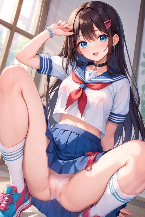  girl、 sailor suit、 squat、 see-through panties in full view