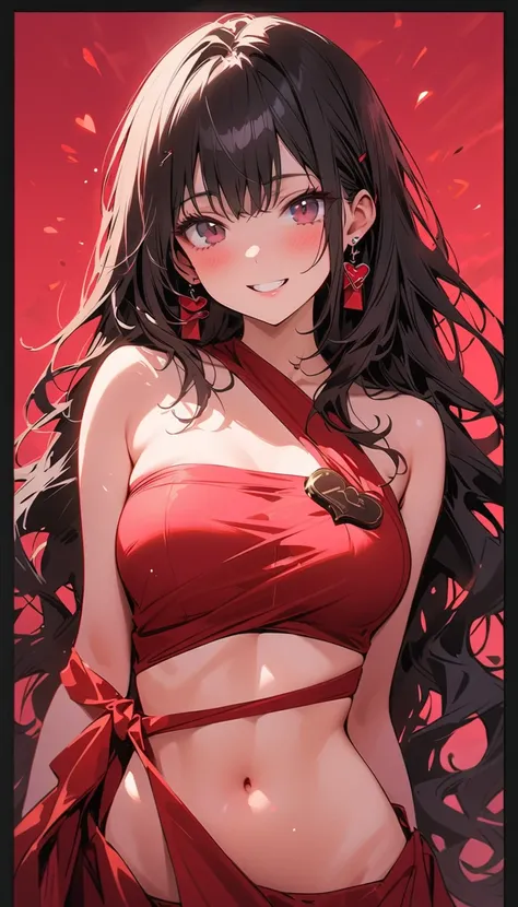 ( beautiful girl : 1.3), 1 girl,( clothes with red ribbons wrapped around the body, earrings), black hair, wave hair,smile,panic, is bashful,blush,Melted chocolate space , Valentine's Day ,masterpiece, top quality, ultra high resolution, rich contrast, hig...