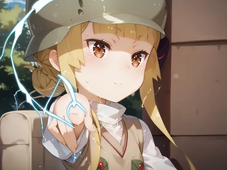 (UHD, retina, masterpiece, accurate, anatomically correct, super detail, high details,     highres, 1080P, 16k:1.3)、 (fukaziroh:1.3), blonde hair, brown eyes, braid, hair bun, single hair bun, helmet、(very flat chest:1.5)、(shiny skin、oily body、a lot of swe...