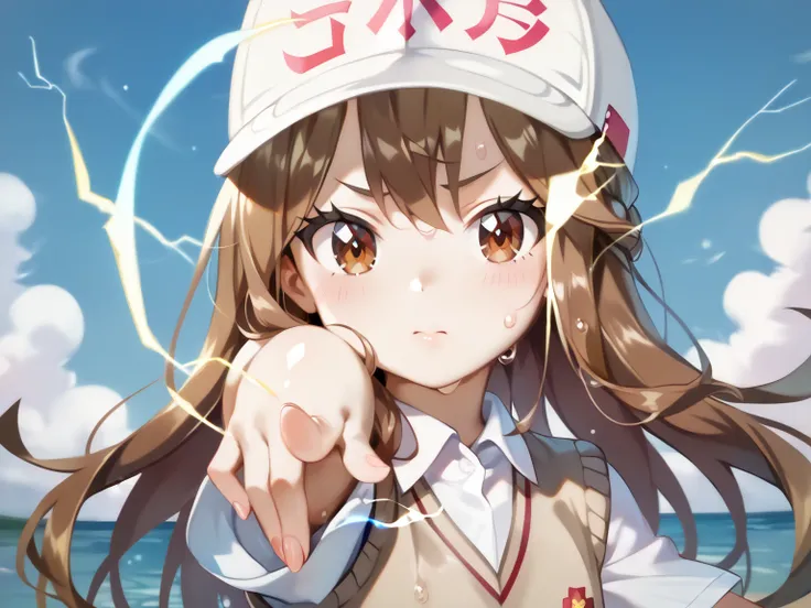 (UHD, retina, masterpiece, accurate, anatomically correct, super detail, high details,     highres, 1080P, 16k:1.3)、 (platelet:1.3)、 long hair, brown hair, brown eyes、white headwear、(very flat chest:1.5)、(shiny skin、oily body、a lot of sweat、very wet skin、b...