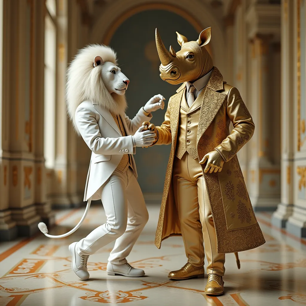 White Lion Gentleman Dances in Full White Suit and Gold Rhino Gentleman in Versailles Coat