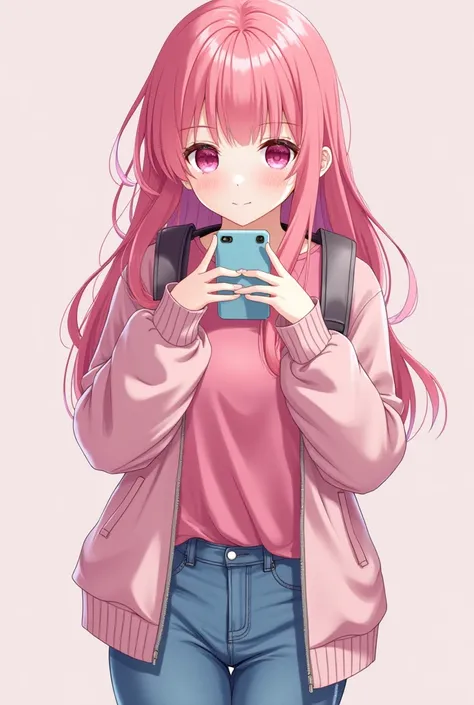 1 girl (appearance: Strawberry pink hair,  pink eyes, pale skin, slender physical build) (Clothing: pink jersey ,  pink jacket, celestial jeans) (action:  LOOKING AT HER CELL PHONE ) ( full body plane )  illustration, anime style 4k,  Precise,  super detai...