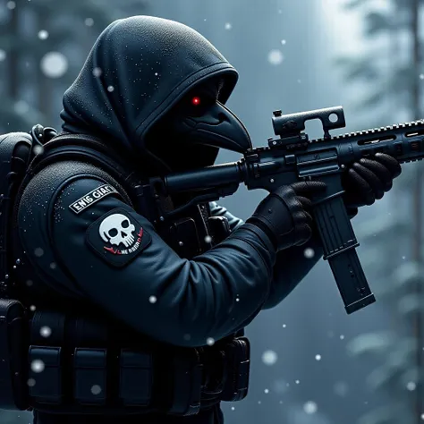 Render a dynamic composition of a badass anthropomorphic Crow, special forces operative for MAB Special Operations Group. Donned in stealthy black modern combat armor. Aiming down the sights of a submachine gun with a supressor. Dark Snowy atmosphere. Capt...