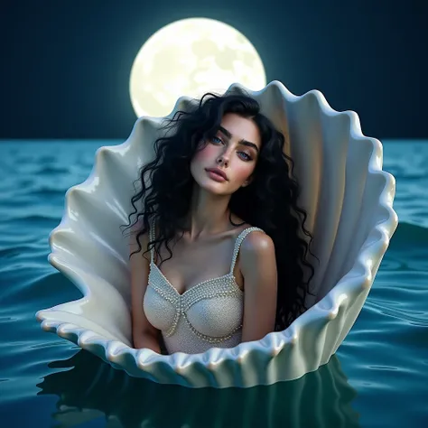 Young thin white woman ,blue eyes,  voluminous long curly black HAIR, blue eyes , Precise long dress made of sea pearls , High pearl shoes her doing a sexy professional model pose inside the shell , She's in the water,  A big moon behind her at night , She...