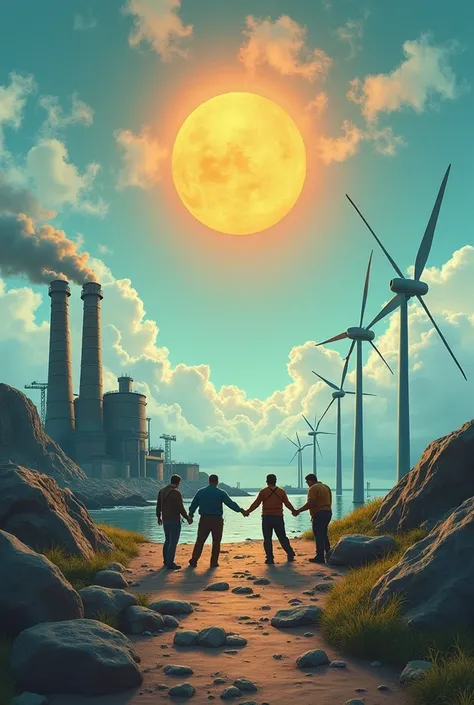 Fossil Fuels vs. Renewable Energy Battle
	•	A “tug-of-war” between two groups:
	•	One side represents coal and fossil fuels (factories, smokestacks, high electricity costs).
	•	The other side represents renewable energy (solar panels, wind turbines, energy...