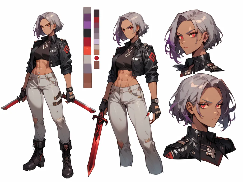 score_9, score_8_up, score_7_up, ((character_sheet)), character concept, 1woman, dark skin, french bob haircut, grey hair, grey and violet hair, hair above face, red eyes, big chest, nice rounded ass, abs, white leather mini jacket, black crop top, grey le...