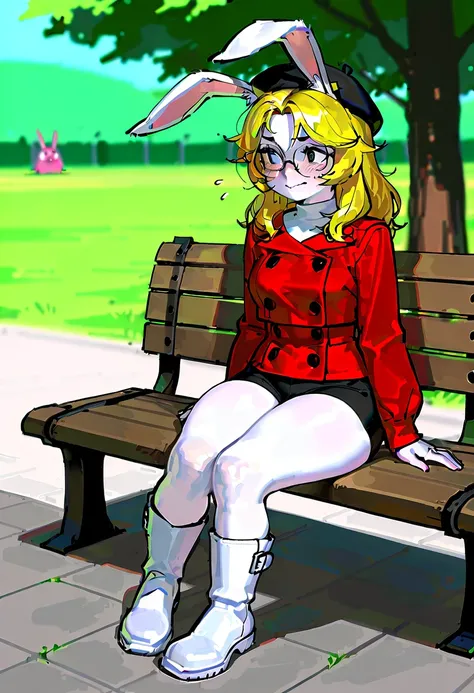  nervous face, ((very nervous)), ( blushing), avoid eye contact , 1 girl, (( anthropomorphic rabbit boots)), (( the Rabbit Girl   )),   cream turtleneck sweater ,   black sports shorts ,   full body,  middle thighs,  Medium Breasted,  collar plateado , Abr...