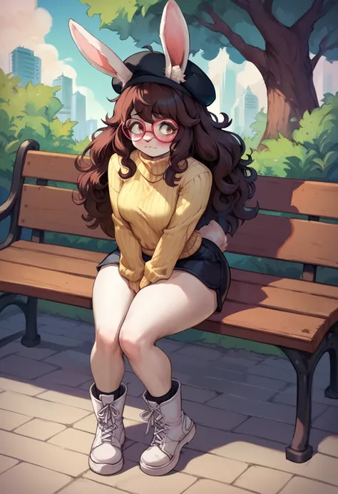  nervous face, ((very nervous)), ( blushing), avoid eye contact , 1 girl, (( anthropomorphic rabbit boots)), (( the Rabbit Girl   )),   cream turtleneck sweater ,   black sports shorts ,   full body,  middle thighs,  Medium Breasted,  collar plateado , Abr...