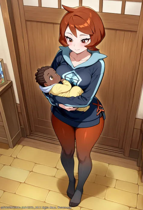 high resolution picture, masterpiece, best quality, amazing quality, official art, 1boy, 1girl,  Arezu from pokemon, 1girl,   pokemonarezu, brown hair, cowlick, short hair, brown eyes, , medium breasts, curvy, petite , , collarbone, diamond clan outfit, ja...