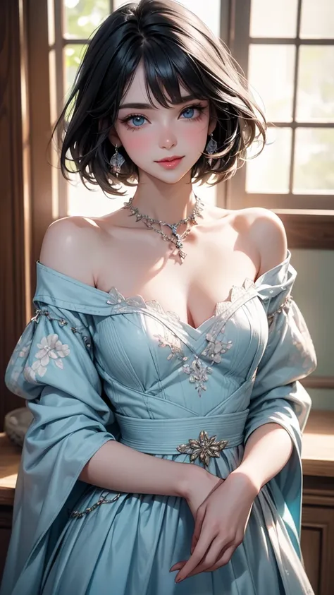 Solo, a bewitching female, theme:Saint Valentine day, smile, be shy, soft, delicate, looking at viewer directly, upper body , extremely detailed illustration, perfect rendering, from front, RAW photo,8k,  incredibly absurdres, perfect description, ultra fi...