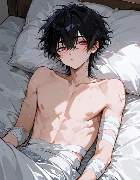 1boy, lying on bed, bandaged, pouty face, shirtless