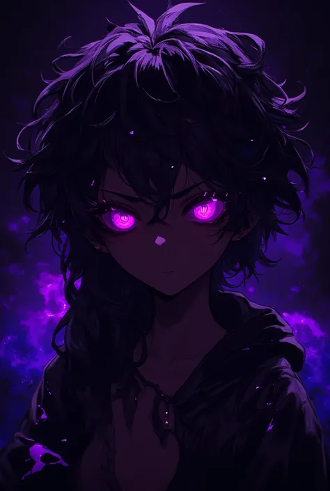 Dark skin anime boy with curly dark brown hair and purple eyes