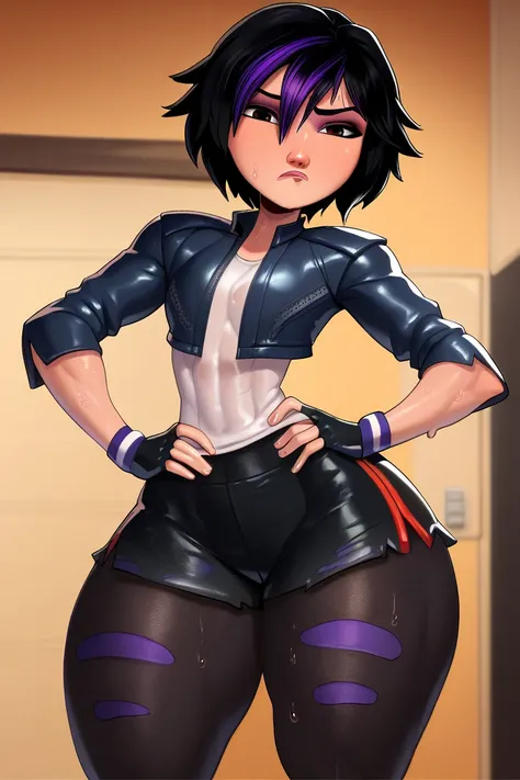 score_9, score_8_up, score_7_up, score_6_up, score_5_up, score_4_up, long legs, wide hips, thick thighs, GoGo Tomago, Big Hero 6, sweating, sweaty, standing, hands on hips, indoors background, short black hair, medium boobs, short black jacket, short white...