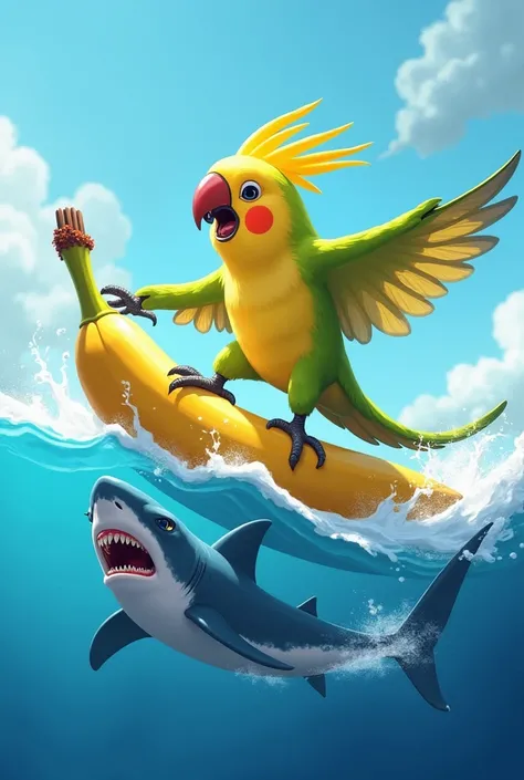 A cockatiel parrot comically surfing on a banana while escaping from a blue shark on a blue wave. Then he turns the banana to splash water at the shark, flipping it onto its back. The shark floats belly-up, and the parrot laughs mockingly.