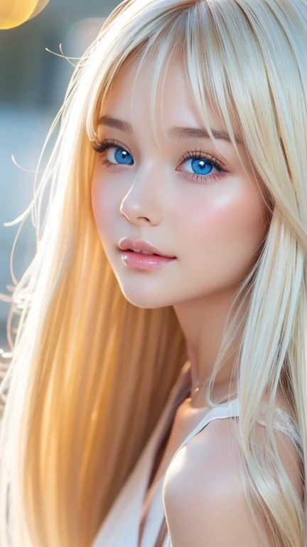 The most beautiful girl with long blonde hair in the world、 very beautiful shiny cute face 、Beautiful shiny white skin、Glowing cheek highlight、beautiful cute sexy pale blue eyes 、hair over eyes、hair over one eye、hair between eyes、 big double eyelids 、 beau...