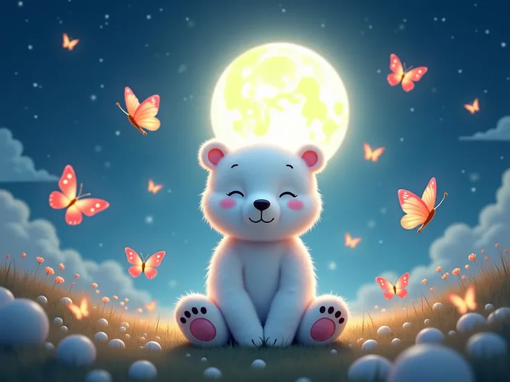 Butterflies on a full moon and a little white bear