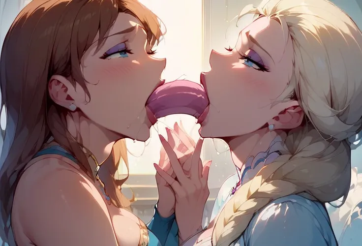  masterpiece,  score_9_ up,  score_8_ up,  score_7_ up,  score_6_ up,  Hi-Res,  Hi-Res, Anime_ style,   2 women,  orgasm expression , Elsa,Anna, pink dildo, 
BREAK
BIG BREASTS ,  side view , 3/4 shots,  open your mouth, To the rootずっと口の中でディルド , face to fac...