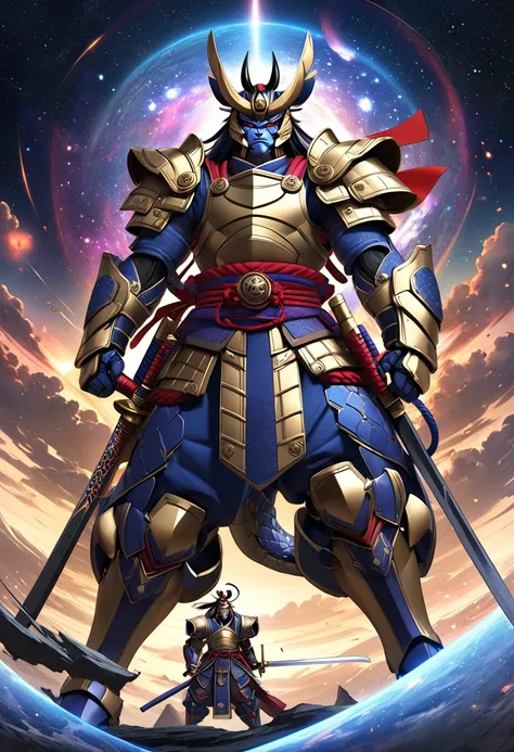 A vast and detailed cosmic backdrop featuring stars, nebulae and distant galaxies, The scene should evoke a sense of vastness and wonder, Ushiwakamaru (Yoshitsune) and Benkei reimagined as samurai warriors in a space setting, The characters should have rea...