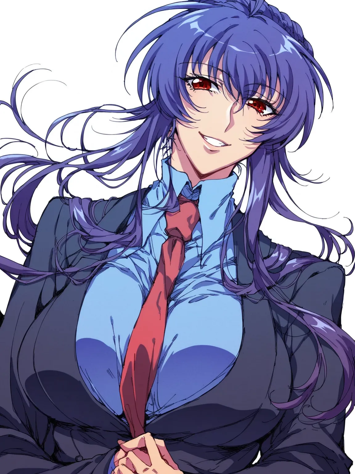 score_9, score_8_up, score_7_up, 
1girl, sakurai sawa, purple hair, mature female, long sidelocks, braided bun, red eyes, large breasts,

upper body, smile, looking at viewer, blue shirt, black jacket, necktie, 


