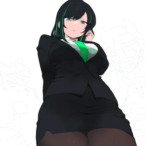 Queen、alone、 black hair、 1 girl、Stand、 half-open eyes、 look down、 tired face、Kuma、 black women's business suit、 black miniskirt、 black tights、 green tie 、green streaked hair、arm behind back