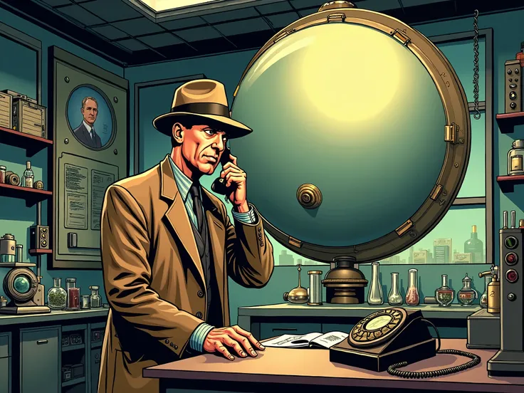 Oppenheimer having the bomb ready in a laboratory and talking on the phone with the President of the United States. Oppenheimer in a brown suit and brown hat . comic style 