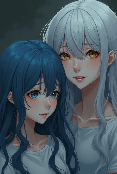 A girl with long wavy blue hair with a sad smile and watery blue eyes ,  another girl in the back with long wavy white hair with a grim smile and golden eyes