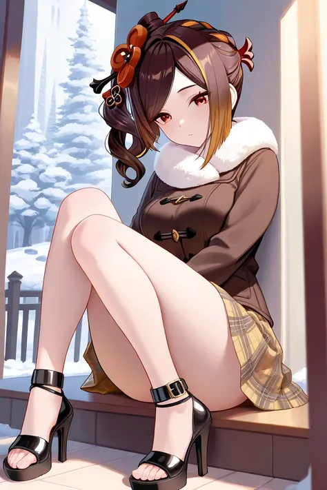 8k, Masterpiece, best quality, ultra detailed, high resolution, super fine illustration,Chiori (Genshin impact), 1girl, brown hair, yellow hair, gradient hair,medium hair,side ponytail, drilled ponytail, sidelocks,red eyes, medium breasts, winter fashion o...