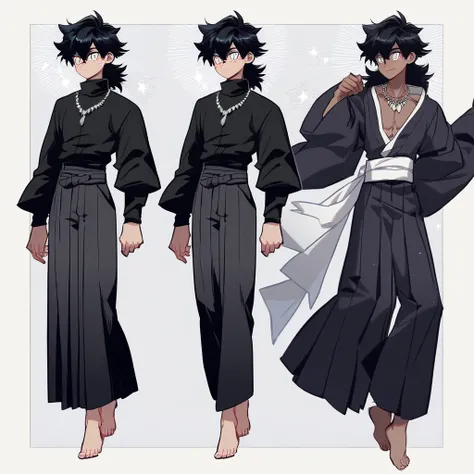 A black-skinned man  ((Full body)) ((medium size with )) Mullet long black hair ,  white eyes ,  freckles on the face,  Kimono Long black jacket with wide sleeves ,  Black high-neck blouse fitted shirt with high collar ,  Black corset at the waist Structur...