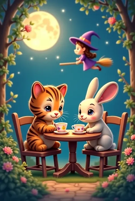  The cutest brown tiger kitten in the world 、 is drinking tea at the table with the cute rabbit、(( by Nomi:1.3))、Full Moon Night 、A witch is flying in the background 、