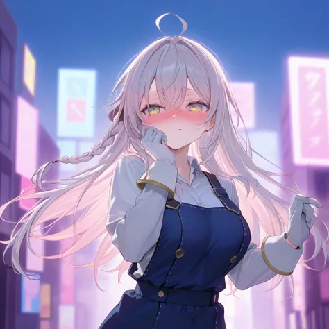 Alya, in an embarrassing pose, blushing deeply with a pink hue on her cheeks, stands in the vibrant streets of Japan during the day. Her light pink hair, styled in a medium-length braid, flows gently as her yellow eyes shine with a mix of shyness and charm...