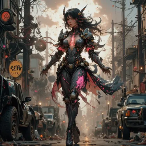 - Main Character, "Korean" Adult Woman, Beautiful, Tall, Long Legs, Pink Eyes, Brownish Black Hair, Has One Horn on Her Head.

- Wearing a costume ("Full Sexy Armor").
(Chest and Thigh Armor are half open).
Futuristic Costume Design, Caterpillar Skin detai...