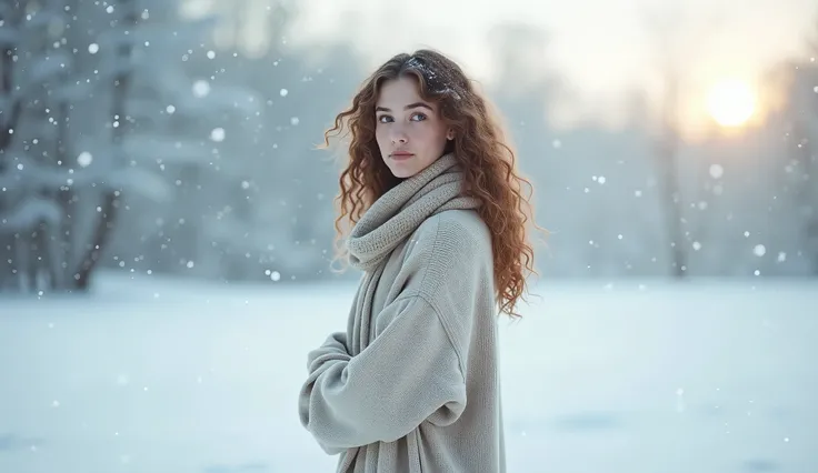 (photorealism:1.2), "A young woman standing in a serene winter landscape, with soft snow surrounding her. Her curly hair falls gently around her face, and she gazes directly at the camera with a calm, peaceful expression. The cold, quiet beauty of the snow...