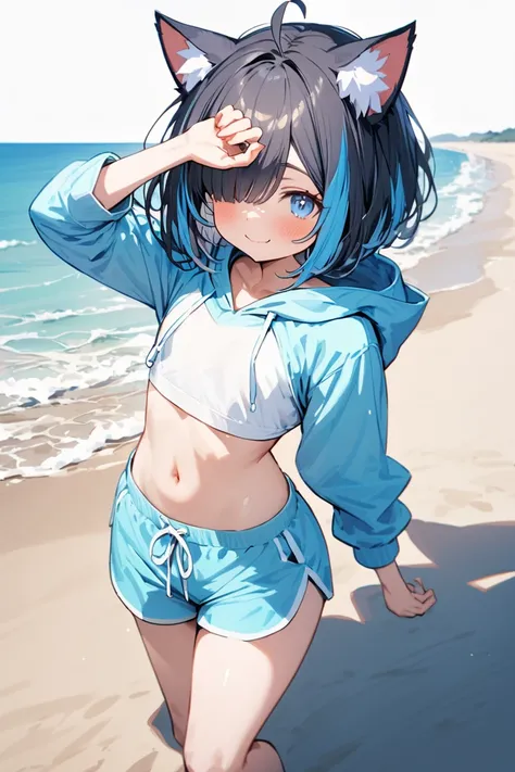 （masterpiece：1.2），cat girl,cat ears,Super detailed，solo girl, Hiding one eye, bob cut hairstyle, navy hair,((highlights hair, Blue streaked hair)), ahoge, tareme, blue eyes,flat chest, beach shorts, Calm, Embarrassed,smile, over size hoodie,crop top navel,...