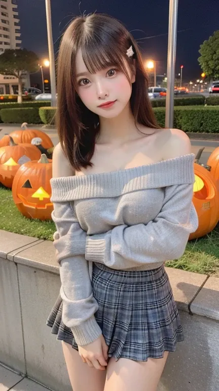 1 beautiful young girl, Super beautiful detailed face, shyly smile, medium breasts, Deep cleavage), (off-the-shoulder sweater, Oversized sweater:1.3), (Skirt lift), (skirt lift by yourself), (Flip up the skirt), (Grey Tartan Check Pleated Skirt Lift Yourse...