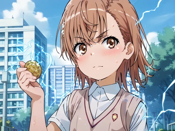 (UHD, retina, masterpiece, accurate, anatomically correct, super detail, high details,     highres, 1080P, 16k:1.3)、 (misaka mikoto:1.3)、 short hair, brown hair、(very flat chest:1.5)、(shiny skin、oily body、a lot of sweat、very wet skin、body blush、wet:1.3)、(t...