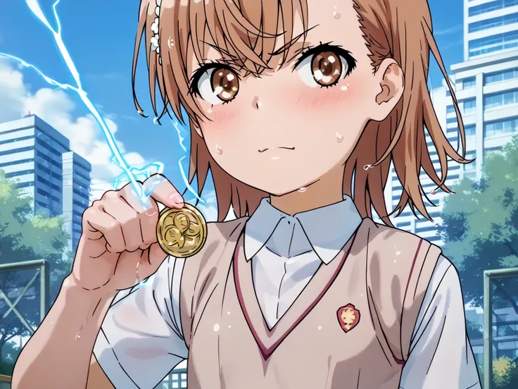 (UHD, retina, masterpiece, accurate, anatomically correct, super detail, high details,     highres, 1080P, 16k:1.3)、 (misaka mikoto:1.3)、 short hair, brown hair、(very flat chest:1.5)、(shiny skin、oily body、a lot of sweat、very wet skin、body blush、wet:1.3)、(t...